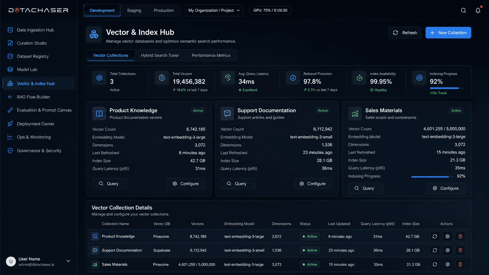 Datachaser - vista principal